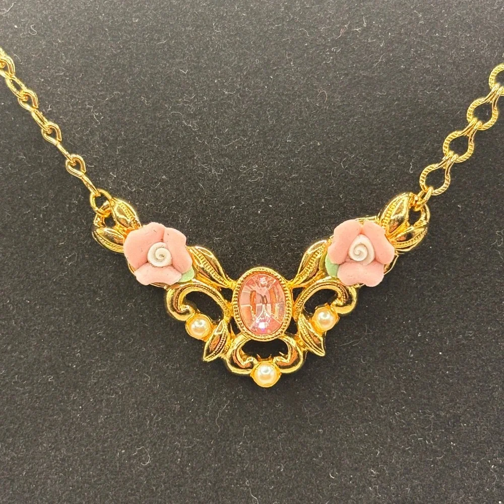 Avon Pink Porcelain Flower Necklace with Pink Transparent Cabochon & Faux Pearl